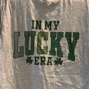 Gray T-Shirt with Green 'In My Lucky Era' Print